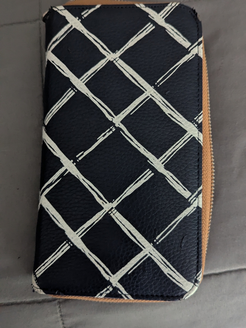 Women's Navy Zip-Around Wallet with White Grid Accent